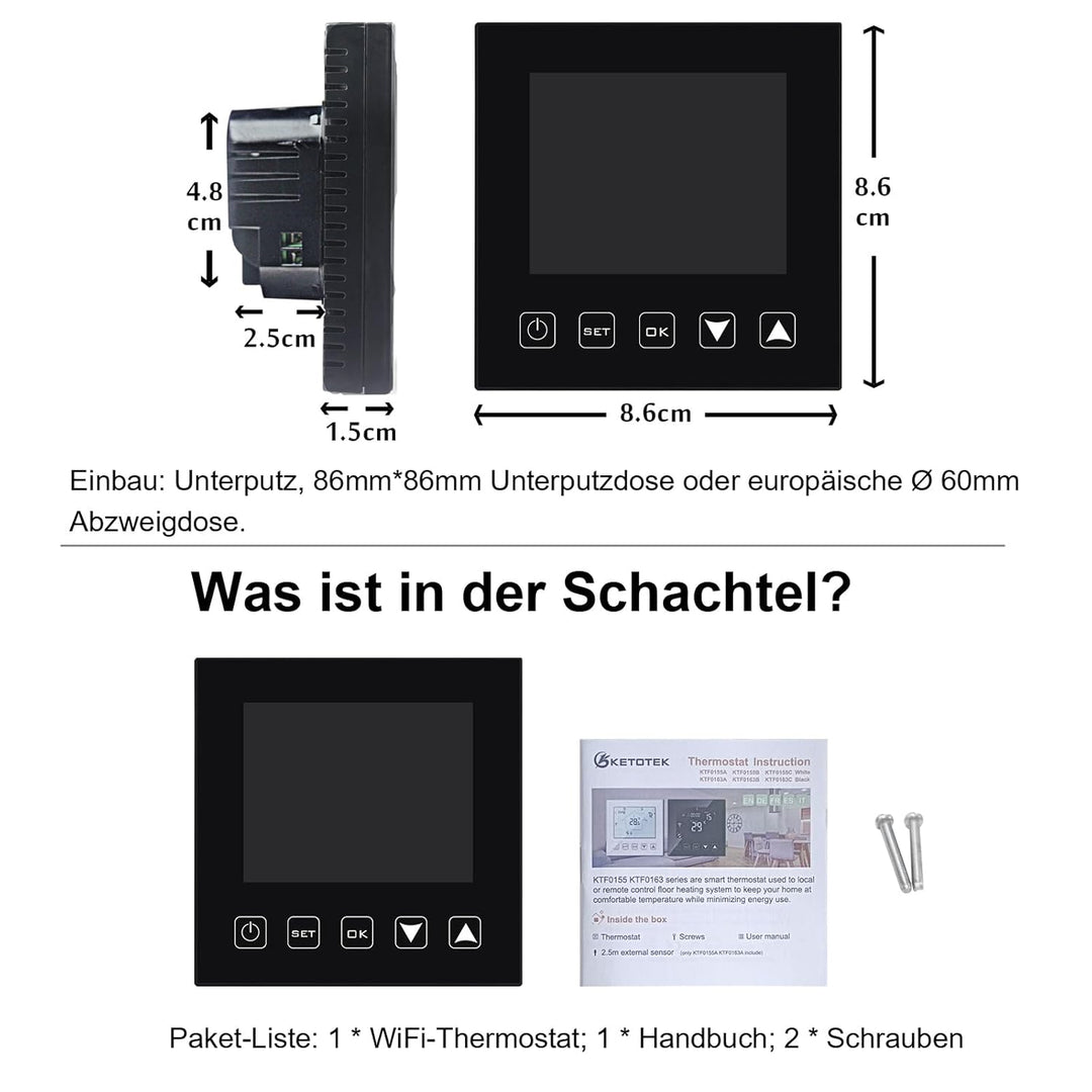 KETOTEK Thermostat Fussbodenheizung Wasser WLAN 3A 230V, Smart Raumthermostat Fussbodenheizung Wasse