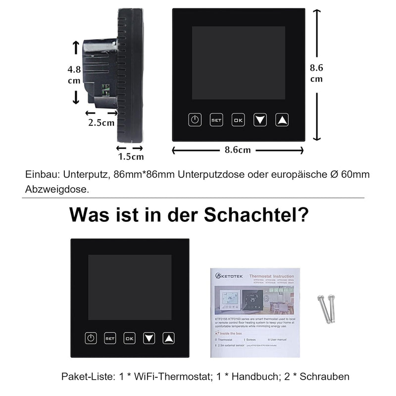 KETOTEK Thermostat Fussbodenheizung Wasser WLAN 3A 230V, Smart Raumthermostat Fussbodenheizung Wasse