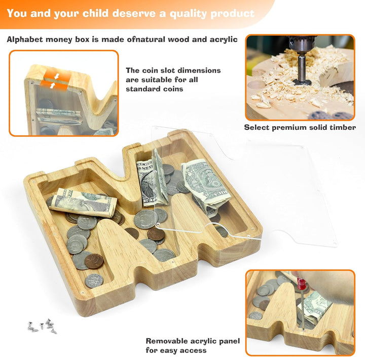 LEcylankEr Spardose Kinder Personalisierte A-Z Alphabet Sparbüchse Holz Spardose Dekoration Kreative