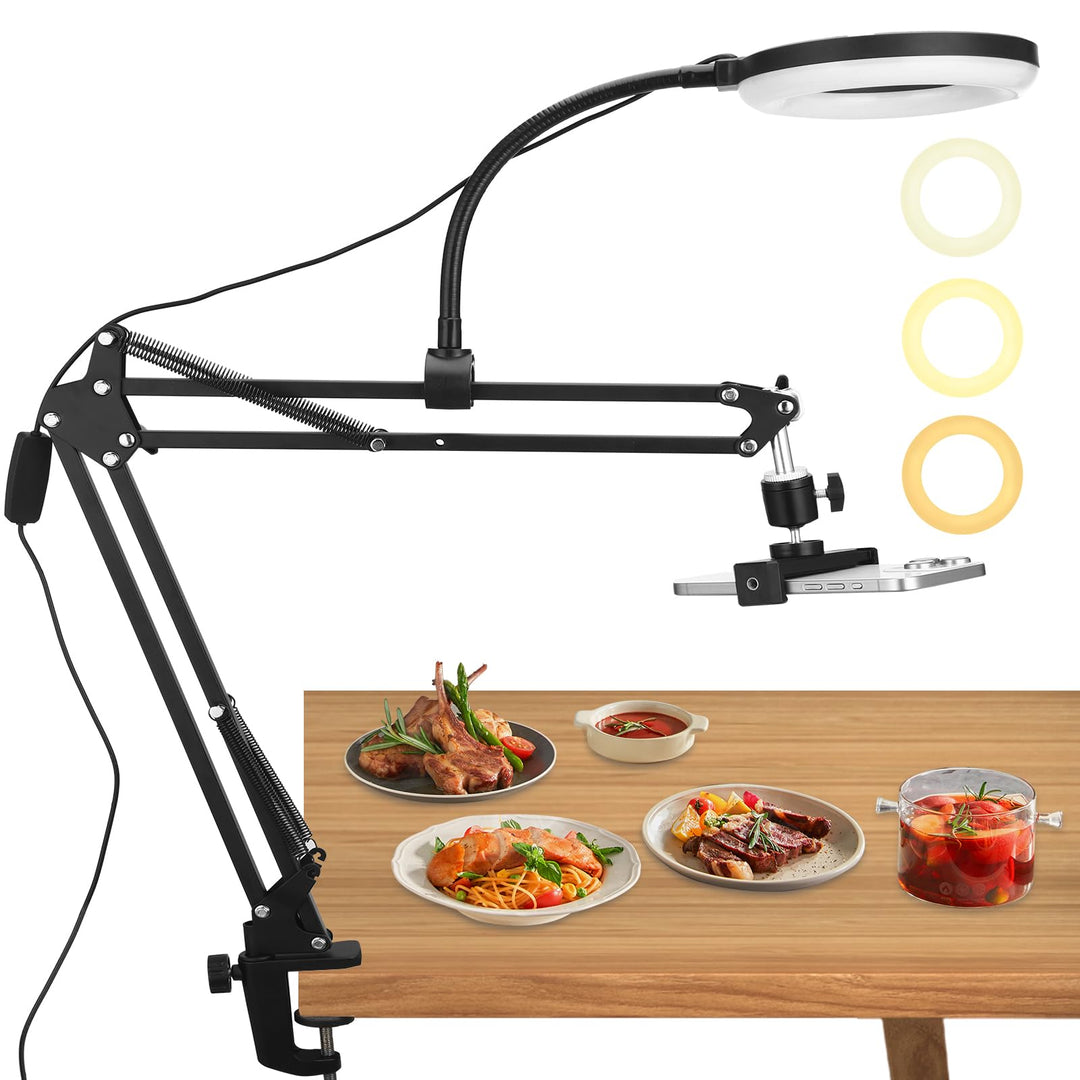 Overhead Stativ Handy mit 6-Zoll-Ringlicht, Metallarm und Tischklemme | 60 LEDs, 3 Lichtfarben, 10 H