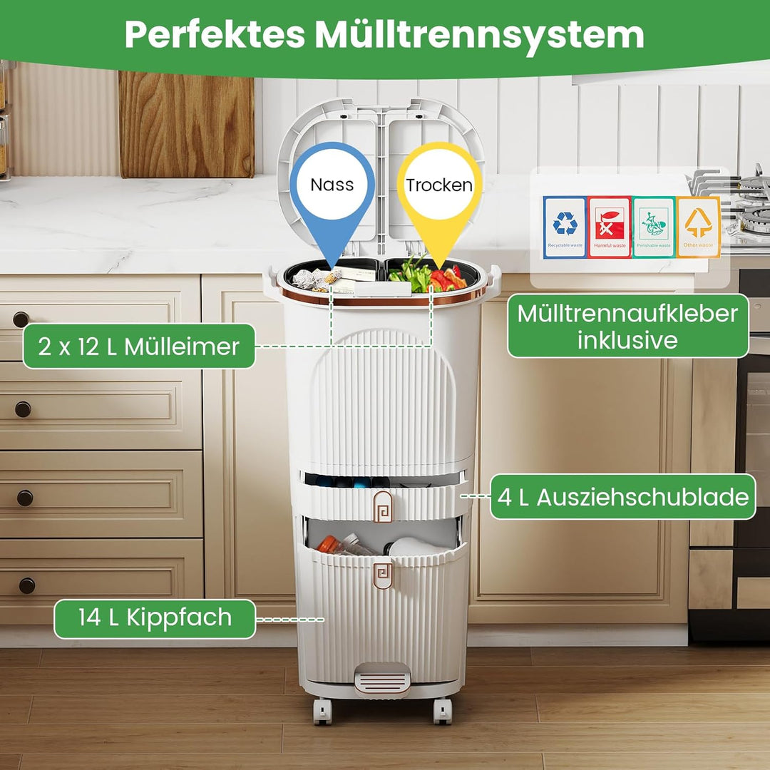 COSTWAY Mülleimer Küche, Mülltrennsystem 3 Fächer, 2 x 12L Inneneimer & 14L Treteimer, Abfalleimer m