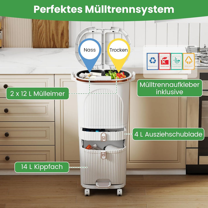 COSTWAY Mülleimer Küche, Mülltrennsystem 3 Fächer, 2 x 12L Inneneimer & 14L Treteimer, Abfalleimer m