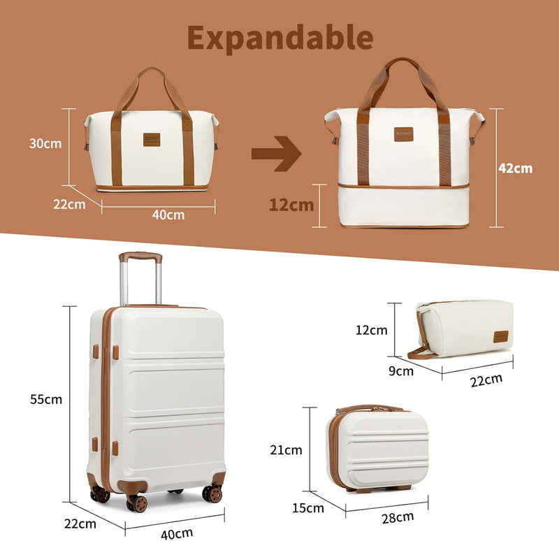 KONO Reisekoffer Set Gepäcksets 4 Teilig Kofferset, 55cm Handgepäck mit Beautycase Kosmetikkoffe mit