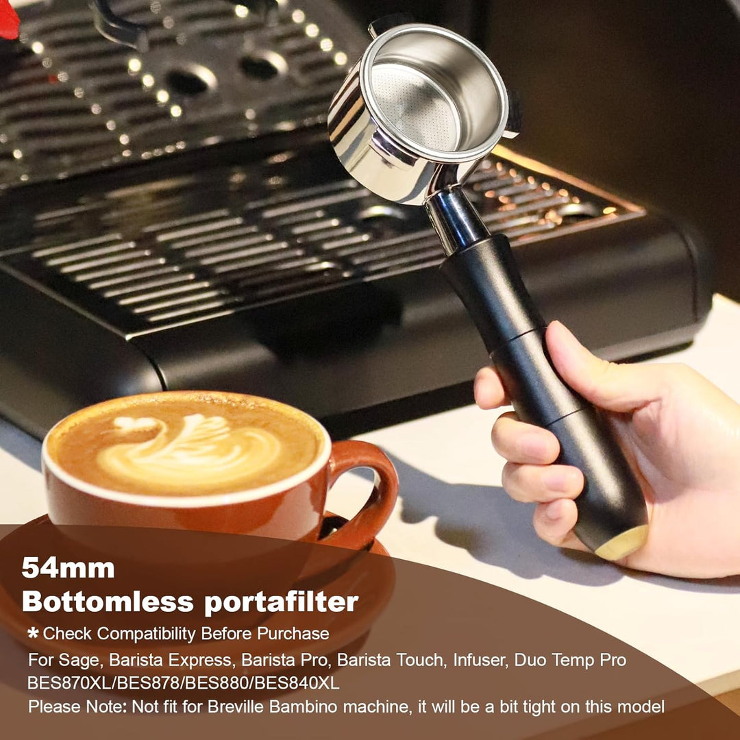 MEION 54 mm Siebträger ohne Boden mit eloxiertem Aluminium-Griff, kompatibel mit Breville Barista Ex