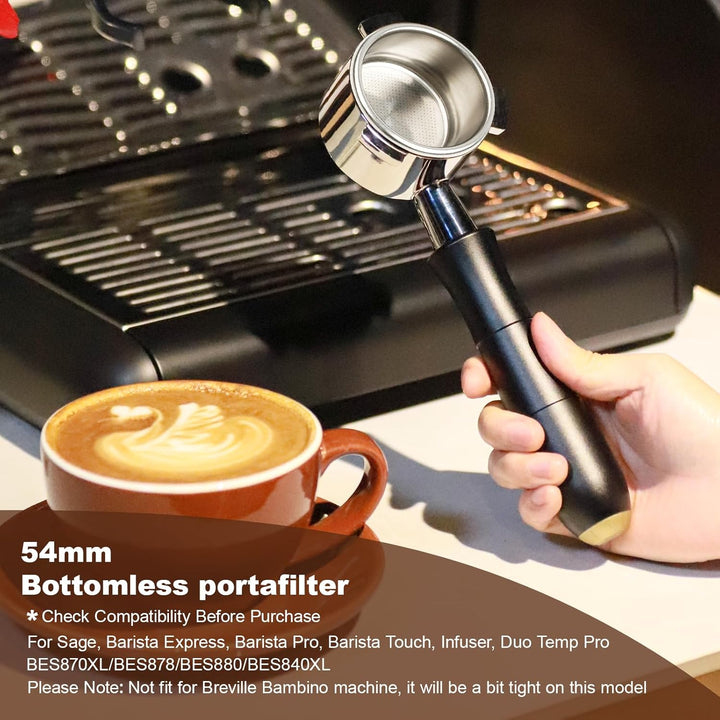 MEION 54 mm Siebträger ohne Boden mit eloxiertem Aluminium-Griff, kompatibel mit Breville Barista Ex