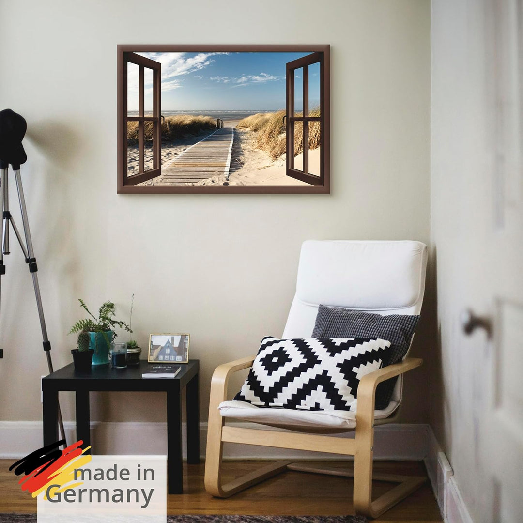 Artland Leinwandbild Wandbild Bild auf Leinwand 70x50 cm Wanddeko Fensterblick Fenster Strand Meer M