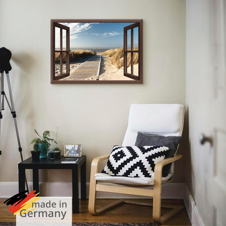 Artland Leinwandbild Wandbild Bild auf Leinwand 70x50 cm Wanddeko Fensterblick Fenster Strand Meer M