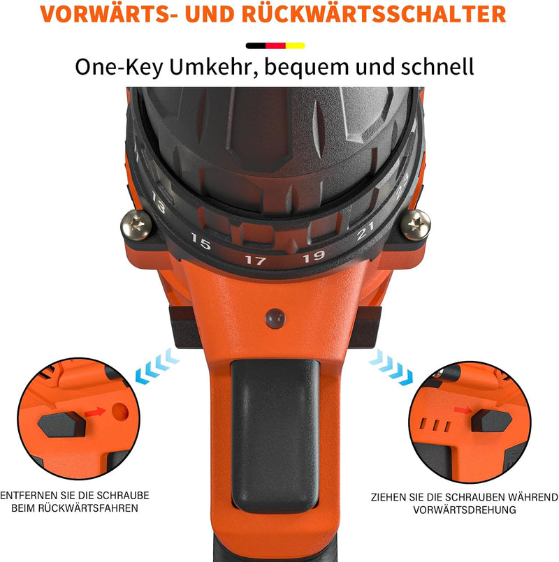 Akkuschrauber 21V Akku Bohrmaschine mit 25+1 Drehmomentstufen, 45Nm Akku-Bohrschrauber Orange, 2x150