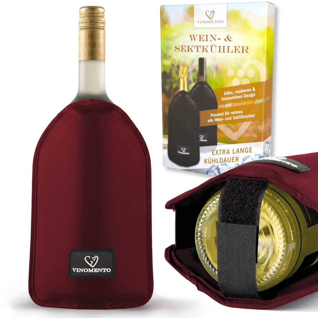 Kühlmanschette Wein mit Flaschensicherung, weinrote Flaschenkühler Manschette, Weinkühler Manschette