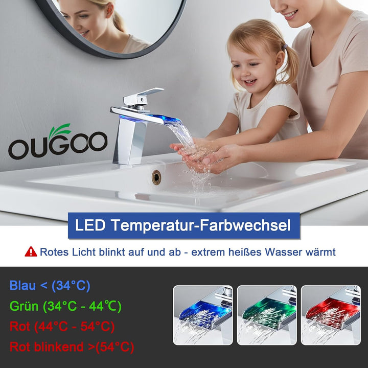 LED Einhebelmischer Waschbecken Wasserhahn, OUGOO RGB 3 Farbwechsel Armatur mit Temperatursensor, Wa