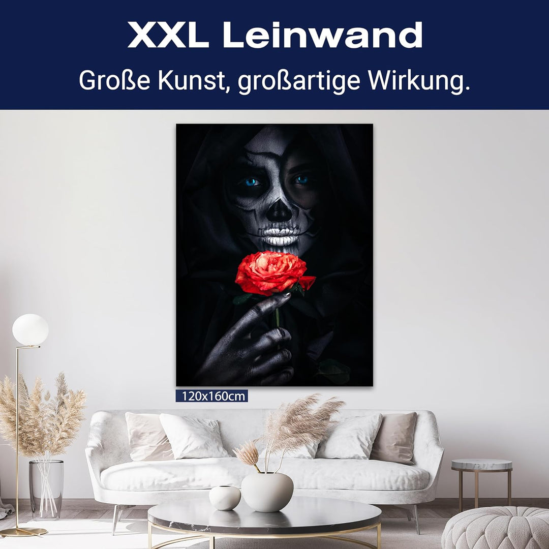 wandmotiv24 Leinwandbild Models, 100x75cm, Hochformat, Frau, Rose, Totenkopf, Deko, Bilder auf Leinw