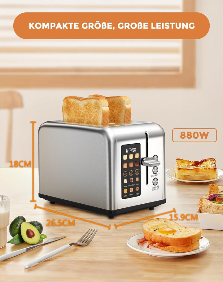 Toaster 2 Scheiben, LED-Touchscreen, Edelstahl Langschlitztoaster, 6 Bräunungsstufen, 6 Brotprogramm