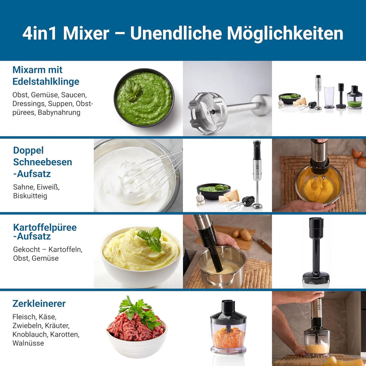 EUREL PREMIUMLine MP94 Stabmixer Set – Kabelloser Pürierstab mit 200W DC-Motor, 10 Geschwindigkeiten