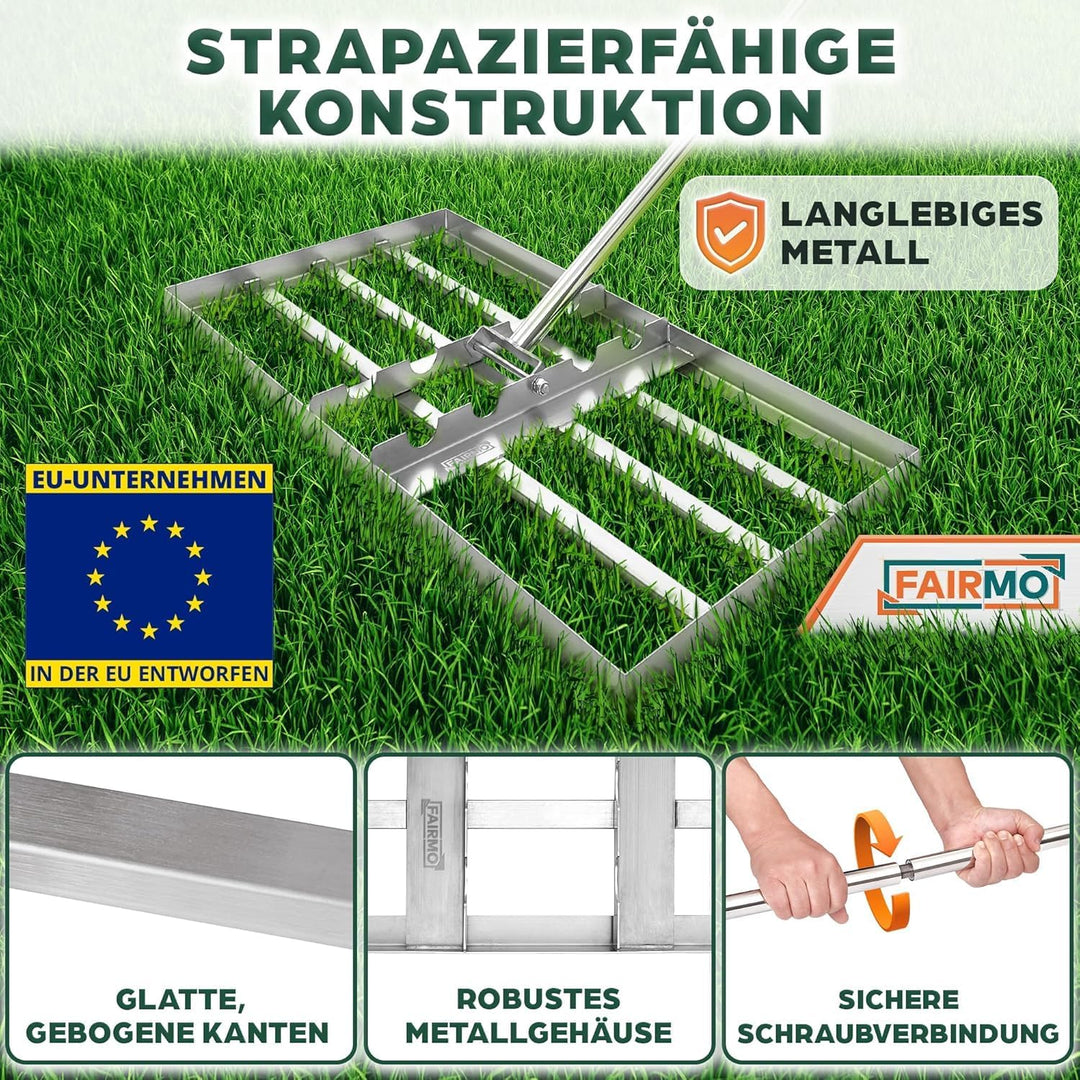 Der handliche Rasen Rakel Edelstahl (75x35 cm) von Fairmo [für sattgrünen Rasen] - Rakel für Rasen i