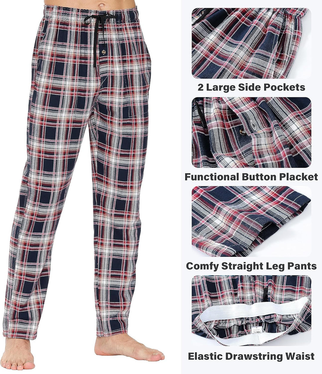 MoFiz Herren Pyjamahose Warm Lang Baumwolle Weich Schlafanzughose Kariert Winter Nachtwäsche Freizei