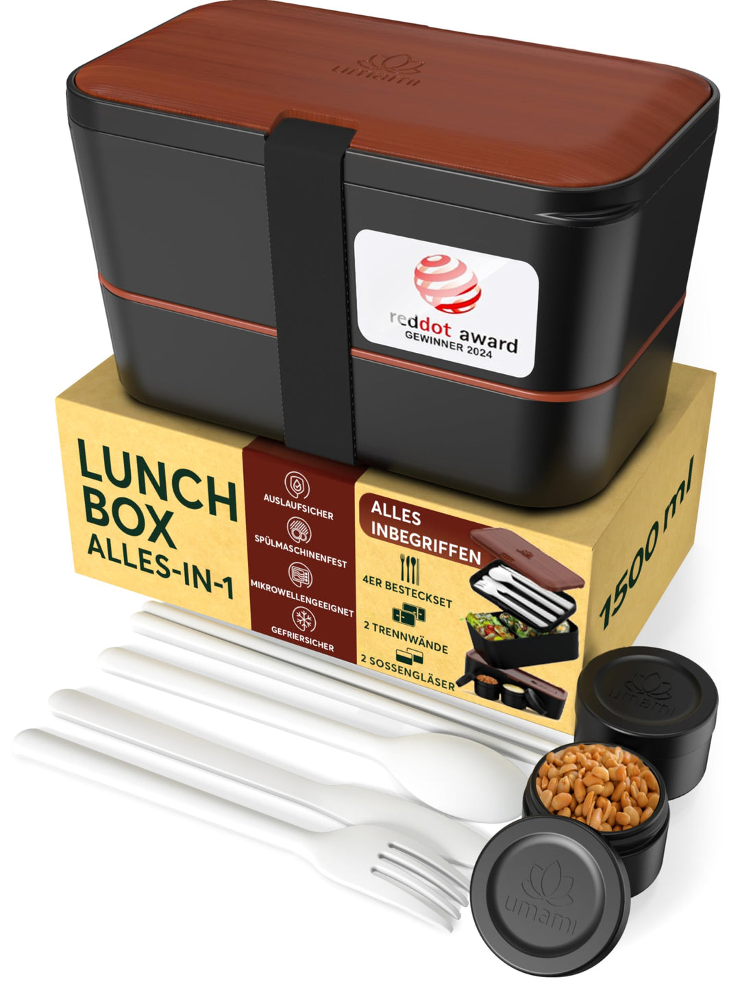 Umami Premium Lunchbox Erwachsene, Verschachtelbar Auslaufsichere Bento Box mit 4 Bestecke & Fächern