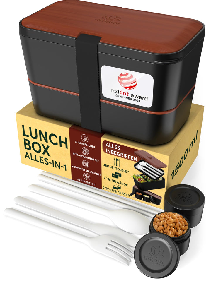 Umami Premium Lunchbox Erwachsene, Verschachtelbar Auslaufsichere Bento Box mit 4 Bestecke & Fächern