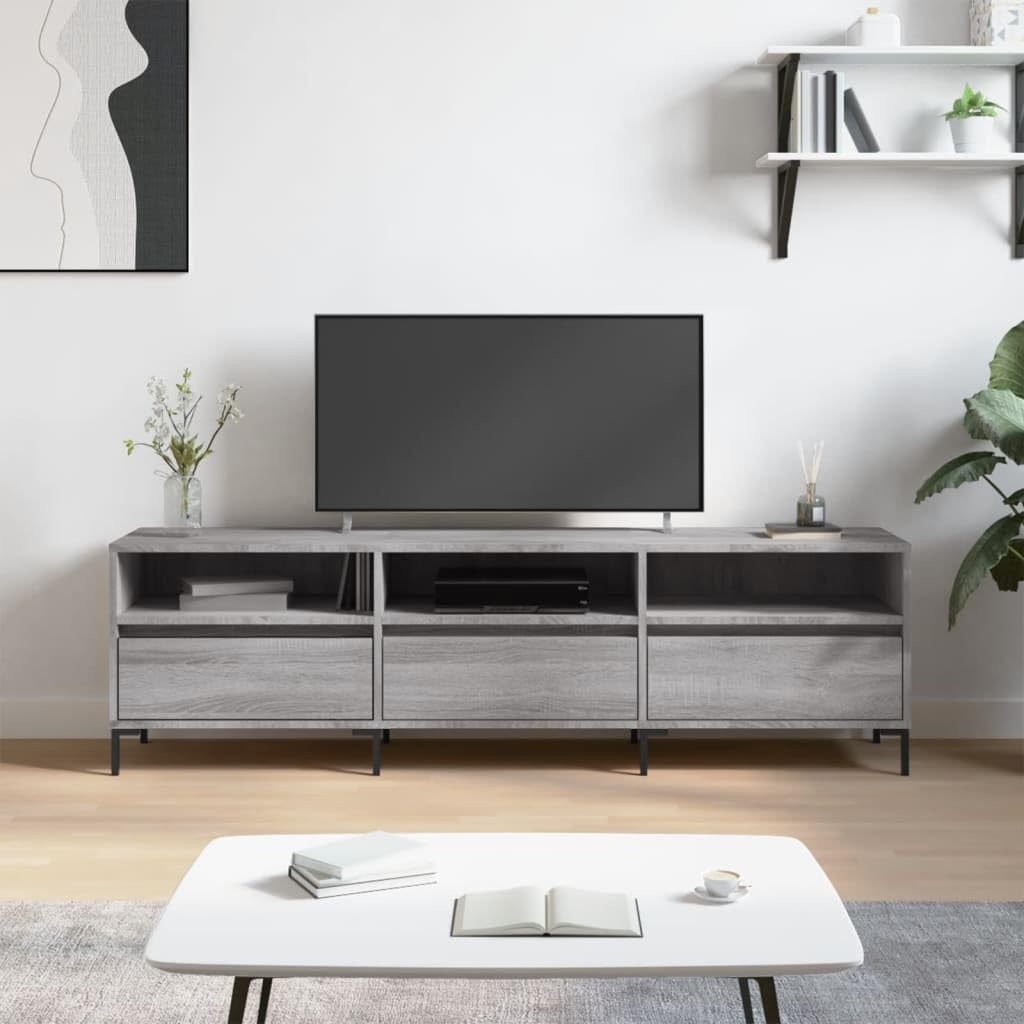 TV-Ständer, Sonoma-Grau, 150 x 30 x 44,5 cm, Holz, Eisen, TV-Regal, niedrig, mit Türen 150x30x44,5cm