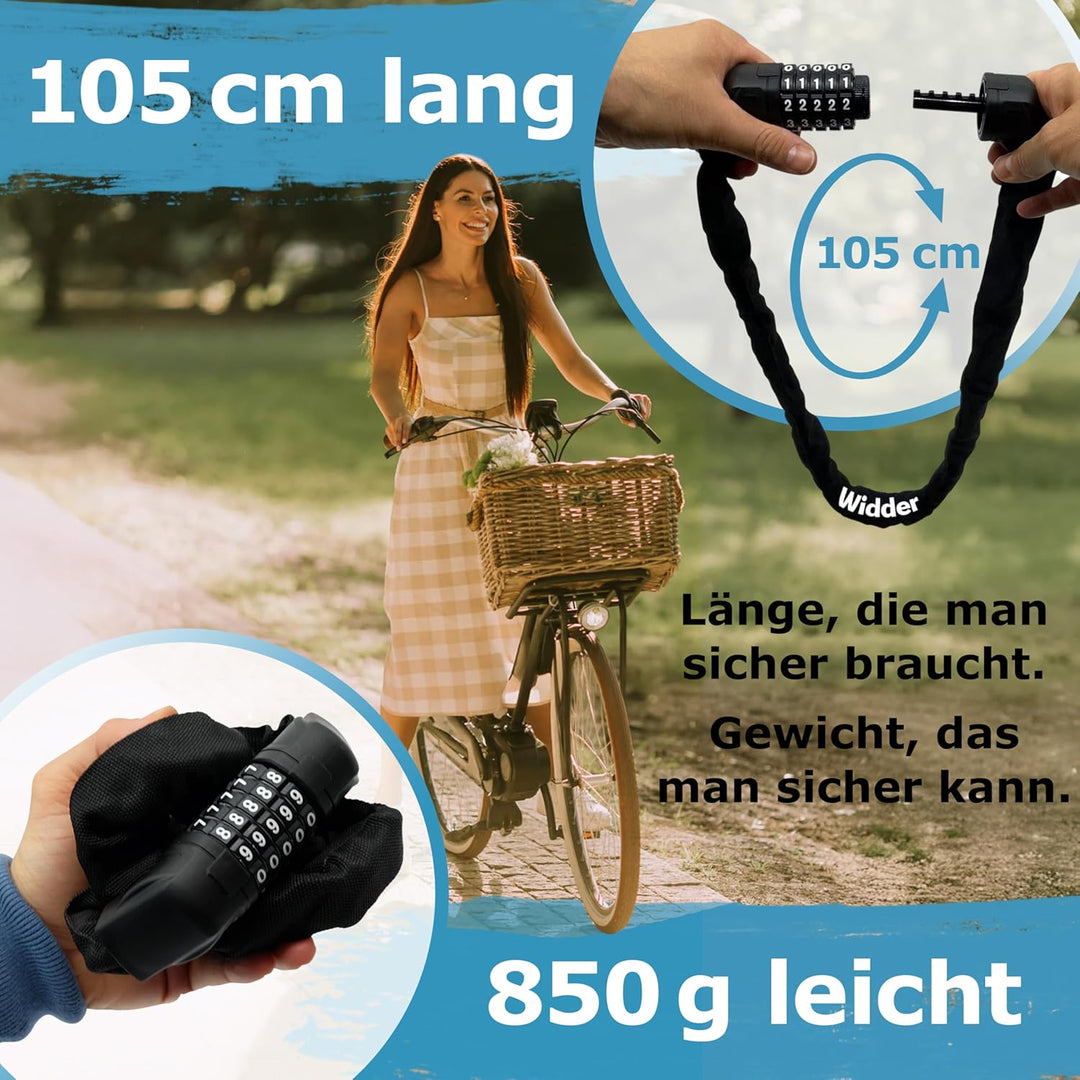 WIDDER Fahrradschloss mit Zahlencode [extra-grosse Zahlenräder, 5 Zahlen] - Nur 850g Zahlenschloss -