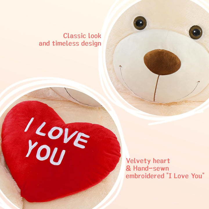MorisMos 90cm Süss Teddybär gross XXL mit Rot Herz I Love You, Beige Riesen Teddy Bär als Geburtstag