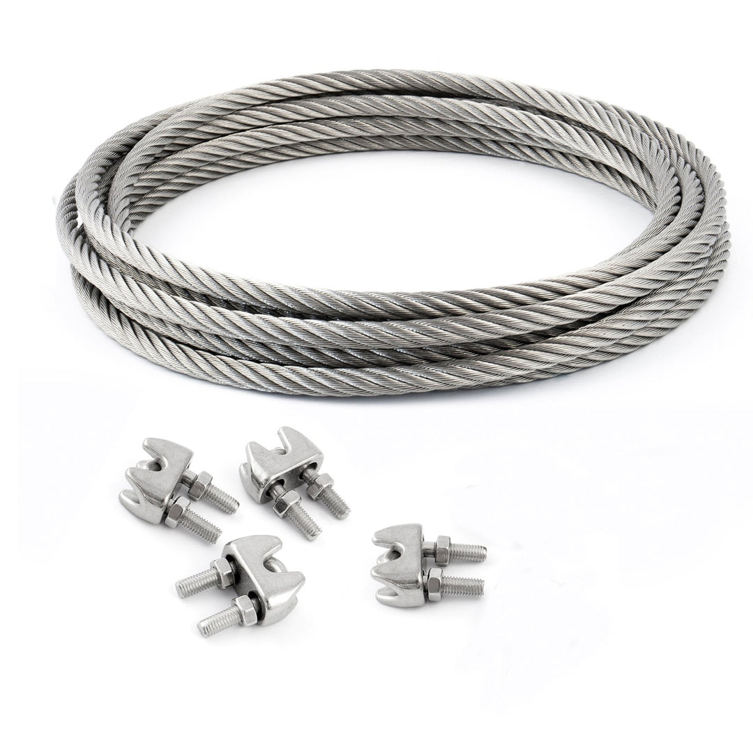 25m DRAHTSEIL EDELSTAHLSEIL SET 4mm 7x19 + 4 Bügel 4mm V4A Stahlseil Inox VA Seil Rostfrei Klemmen