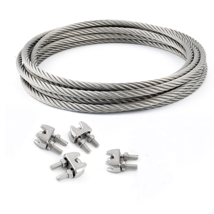 25m DRAHTSEIL EDELSTAHLSEIL SET 4mm 7x19 + 4 Bügel 4mm V4A Stahlseil Inox VA Seil Rostfrei Klemmen