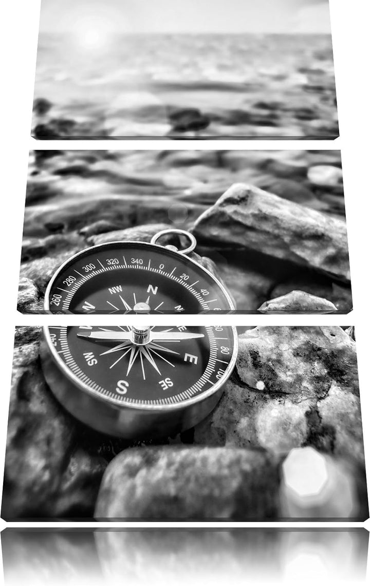 Pixxprint Kompass auf Steinen Heimat als Leinwandbild/Grösse: 3 Teilig (120x80) cm/Wandbild/Kunstdru