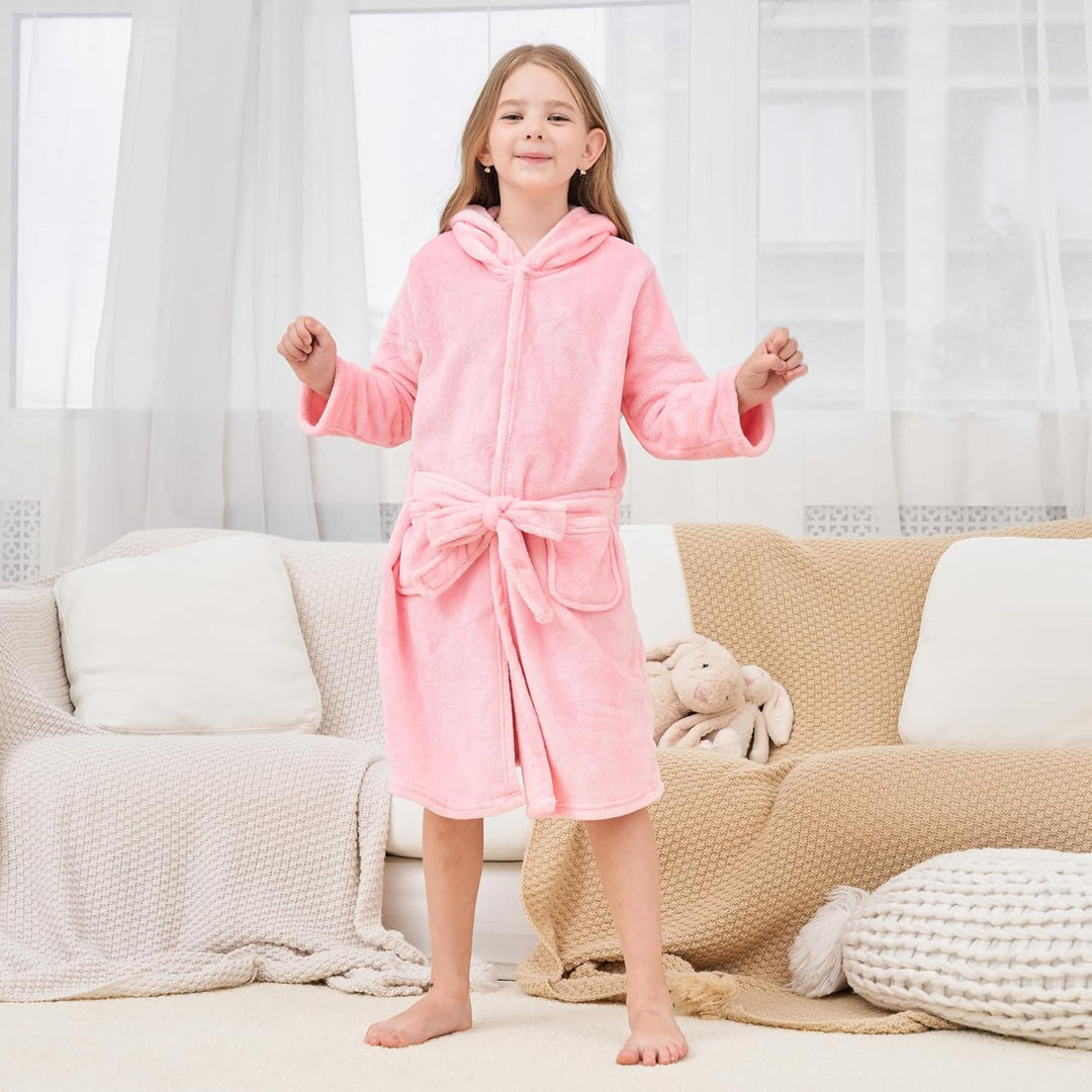 Weicher Bademantel mit Kapuze für Mädchen Fleece Morgenmantel Nachtwäsche Kinder 8-9 Jahre Rosa, 8-9