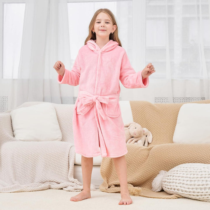 Weicher Bademantel mit Kapuze für Mädchen Fleece Morgenmantel Nachtwäsche Kinder 8-9 Jahre Rosa, 8-9