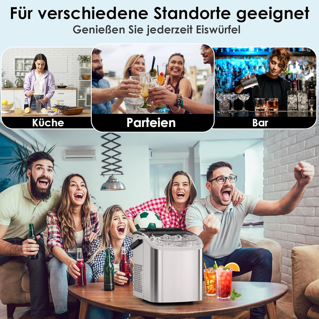 Eiswürfelmaschine, Eiswürfelbereiter Edelstahl, 9 Eiswürfel in 6 Minuten, 12kg/24h, 2 Eiswürfel-Grös