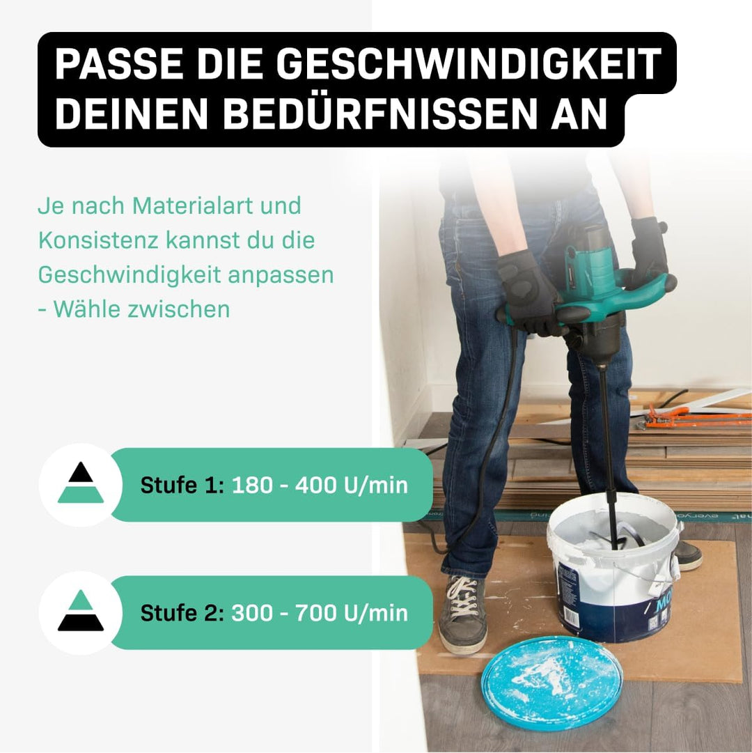 VONROC Farb-/Zementmischer 1800 W – 2 Beschleunigungsstufen – Soft Start – Konstant-Elektronik – 3 m