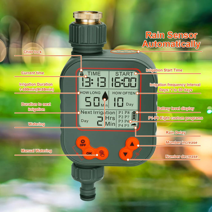 Bewässerungscomputer, Wasserzeitschaltuhr Regenverzögerung, Timer Bewässerungssystem mit LCD-Display