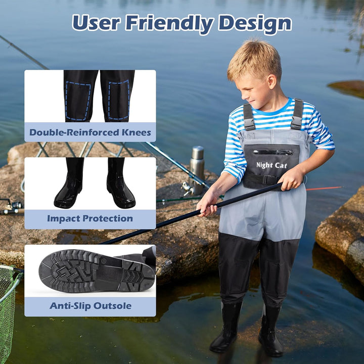 Night Cat Wathose Für Kinder Wathose mit Stiefeln wasserdichte Atmungsaktive Crosswater Waders Blau