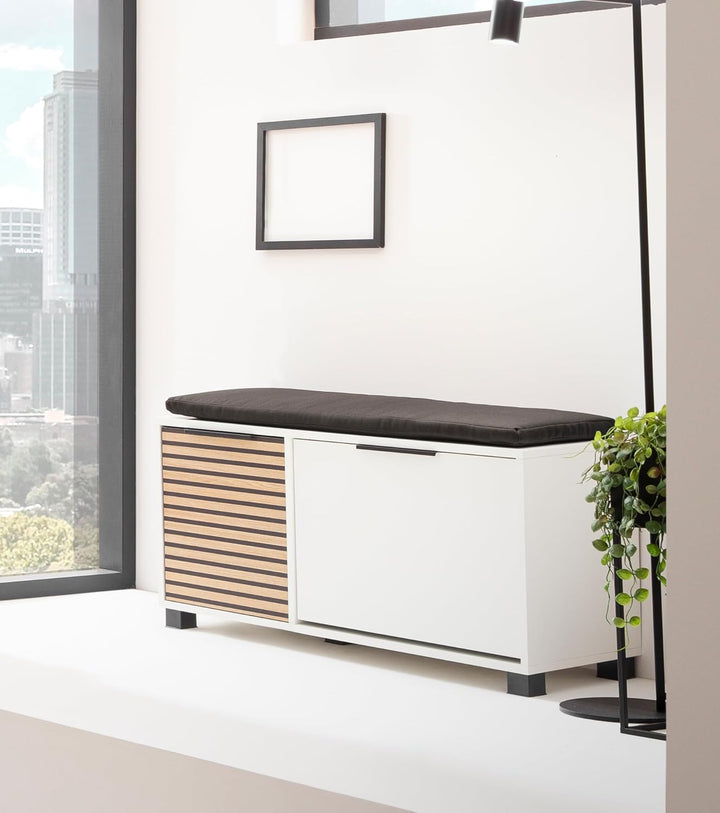 Schildmeyer Loft Schuhbank 157169, Mattweiss/Akustikpaneel Optik, 98,4 x 33,1 x 47,2 cm