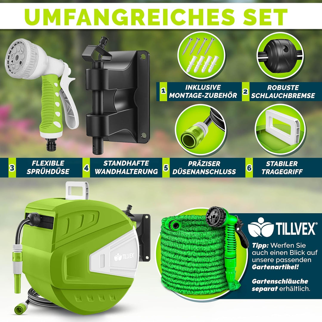 tillvex Schlauchtrommel Wasser mit Wandhalterung + Tragegriff | Schlauchaufroller mit Handbrause und
