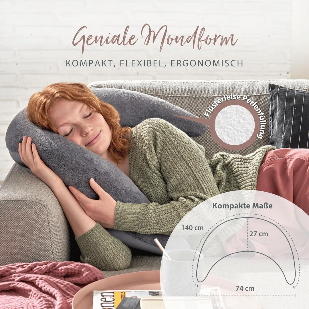 Theraline Plüschmond Stillkissen, Kopfkissen und Nackenkissen mit Perlen, ergonomisches Kissen zum S