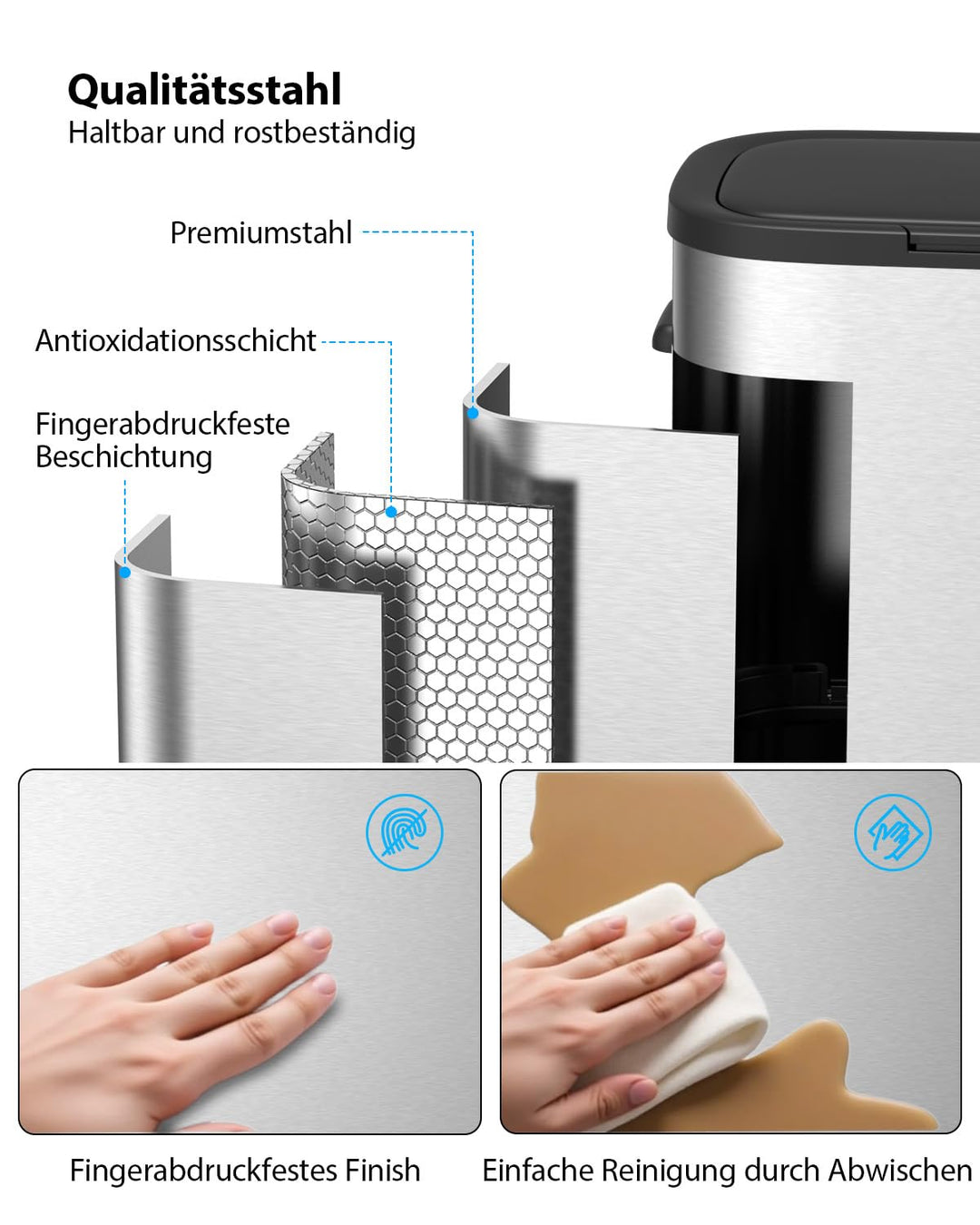 lovewind Mülleimer Küche 60L Edelstahl, Abfalleimer küche mit Deckel, Soft-Close Verschluss, Werkzeu