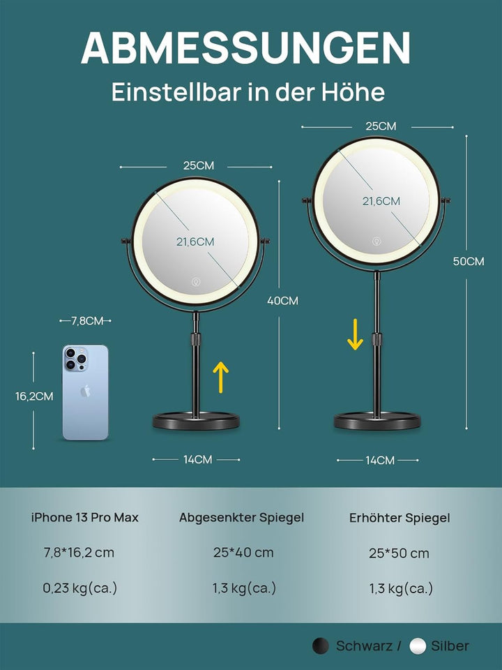 OMIRO 1X/10X Vergrösserungs Make-up Spiegel, 21 cm Doppelseitiger Schwenkbarer Kosmetikspiegel mit H