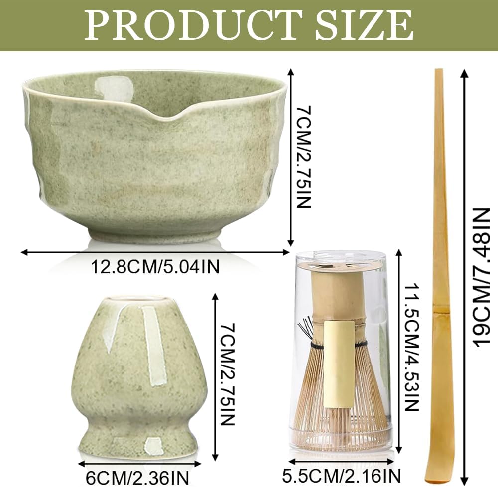 5 Stück Matcha Set, Bambus Besen, Keramik Schale mit Ausgiesser, Whisk, Schaufel, Sieb, Ohne Pulver,