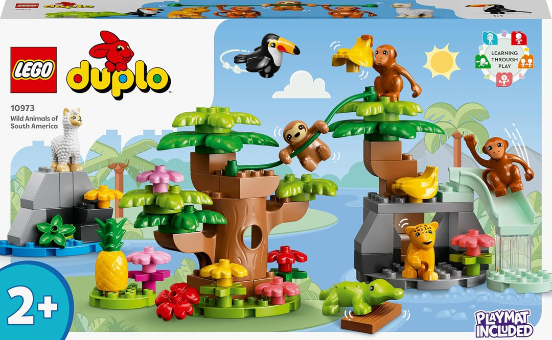 LEGO 10973 DUPLO Wilde Tiere Südamerikas Spielzeug-Set mit 7 Tierfiguren, Steine und Dschungel-Spiel