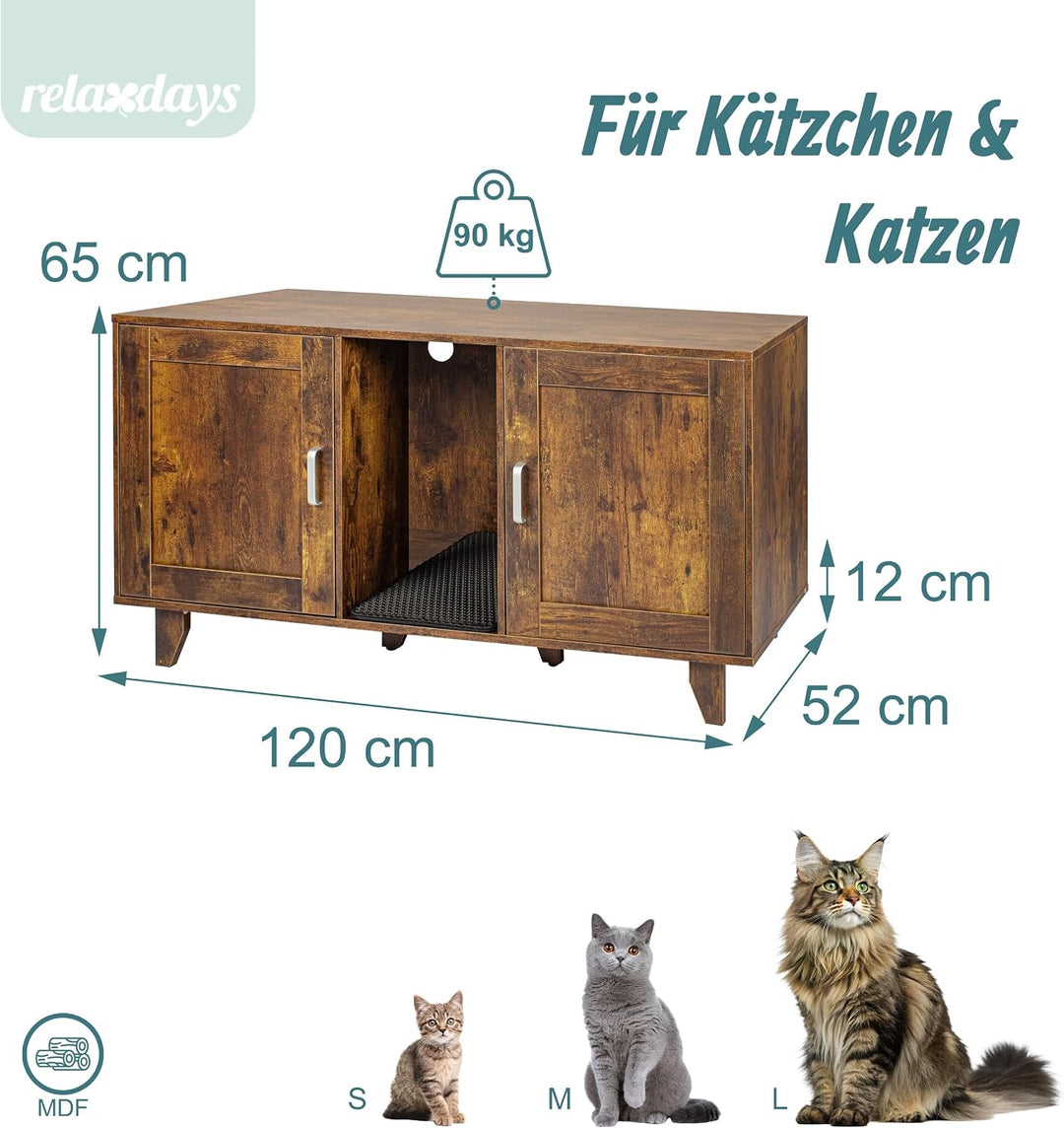 Relaxdays Katzenschrank für Katzentoilette, XXL, 2 Kammern, Katzenhaus mit Katzenklomatte, HBT 65x12