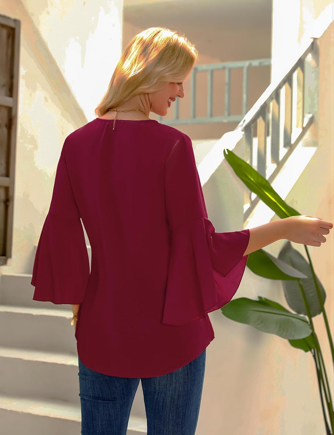Gyabnw Damen Chiffon Bluse Volantärmeln Tunika 3/4 Arm Elegant Chiffontunika Festlich Chiffon Bluse