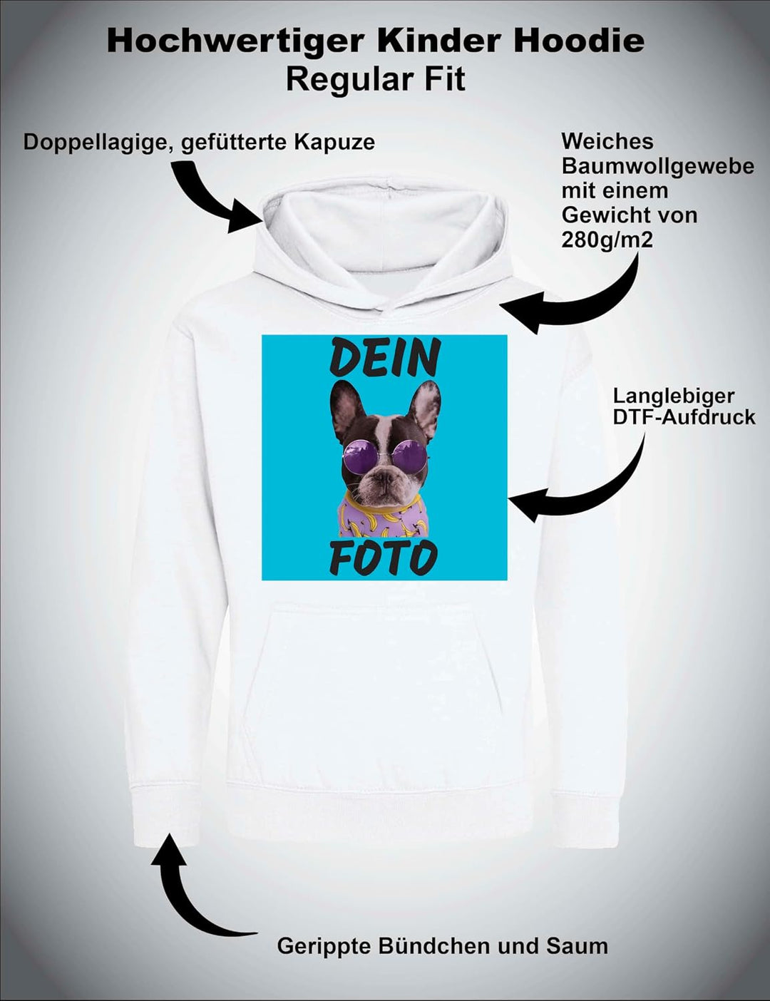 Kinder Hoodie Bedrucken Lassen - Mit Wunschfoto personalisiert - Kapuzenpullover als Geschenk für Ju