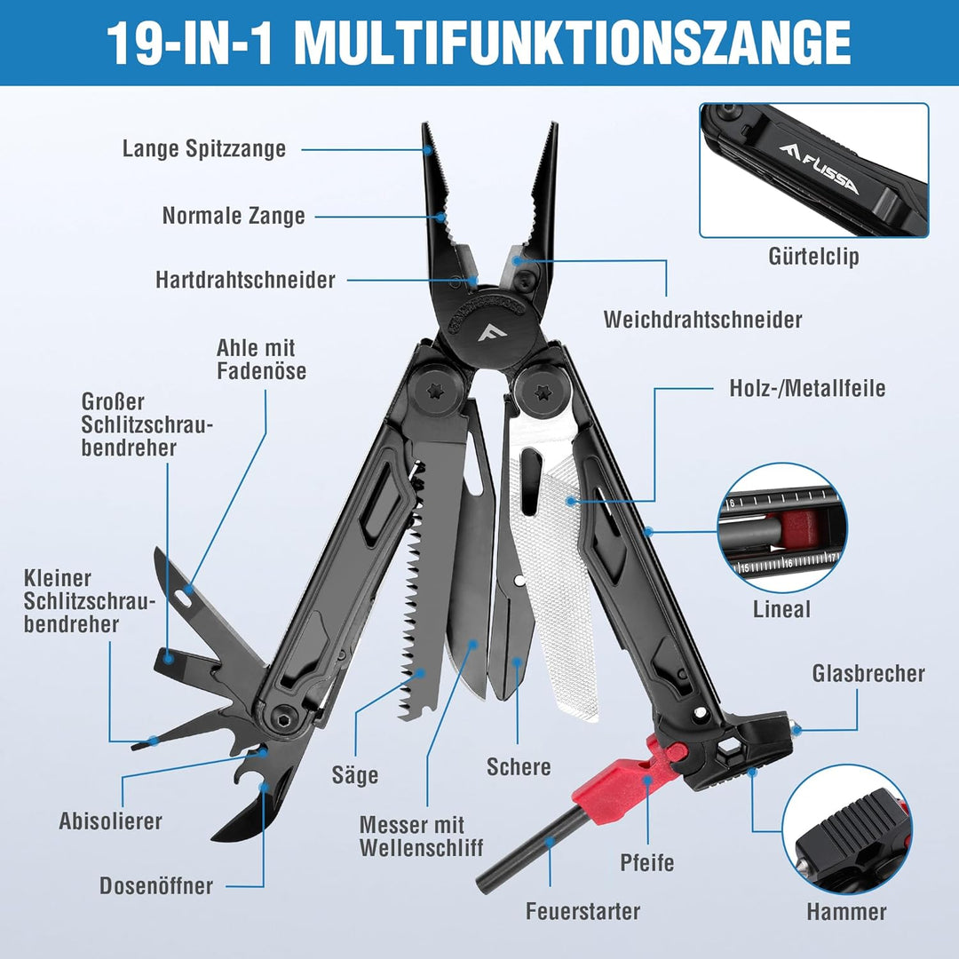 FLISSA Multifunktionszange 19-in-1, Multitool mit Glasbrecher und Feuerstarter, Faltbares Multifunkt