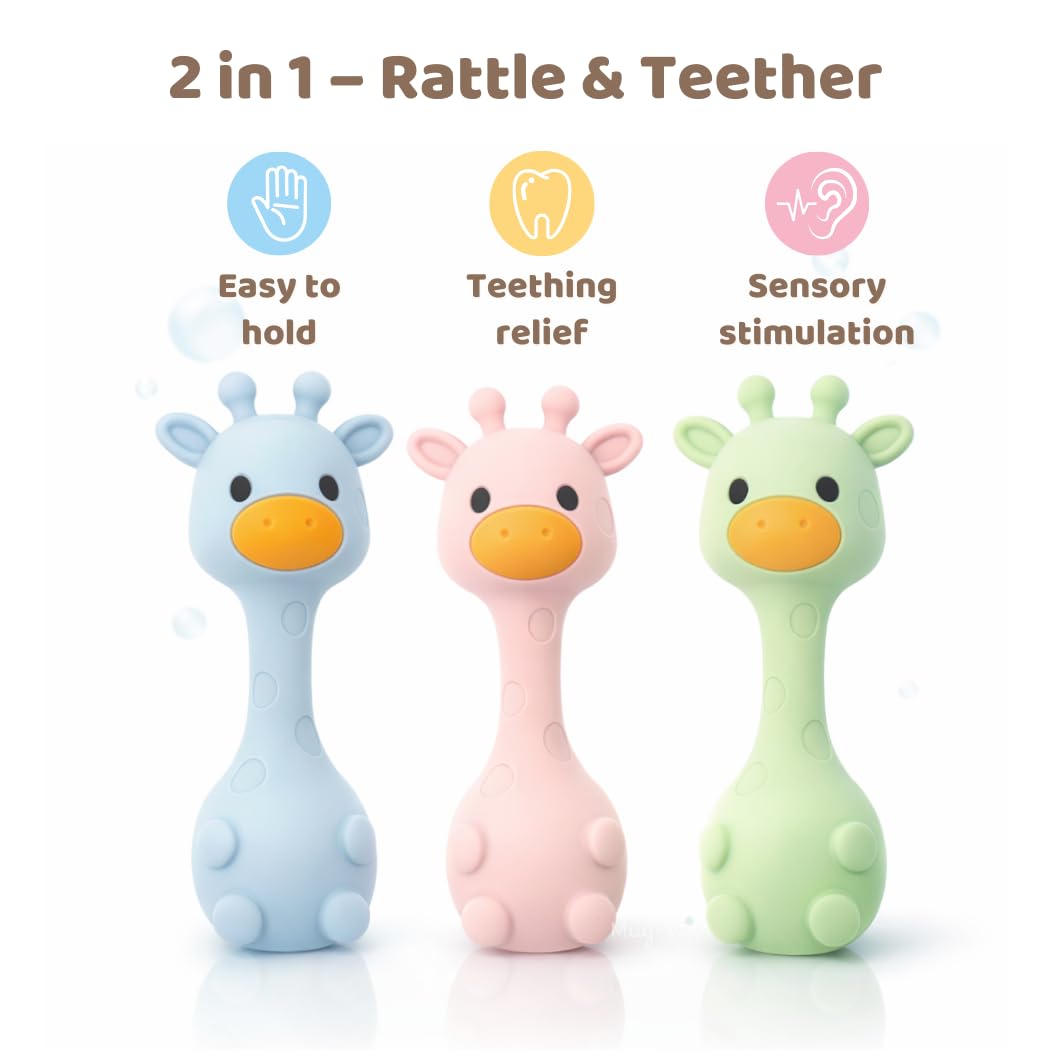 MuyPe Rassel Giraffe und Beissring für Babys (Giraffe Blau), Giraffe Blau