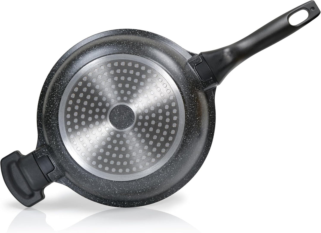 Linnuo Schmorpfanne Bratpfanne 24 cm hoher Rand, Aluguss Pfanne mit Deckel 24cm, abnehmbare Griffe,