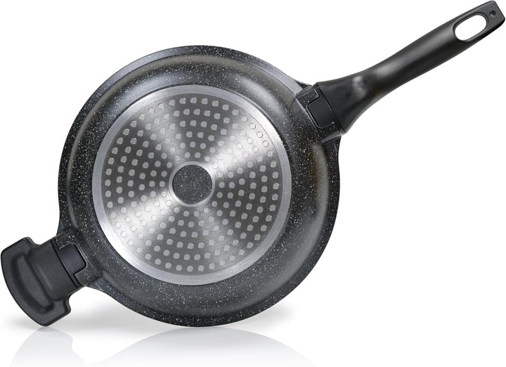 Linnuo Schmorpfanne Bratpfanne 24 cm hoher Rand, Aluguss Pfanne mit Deckel 24cm, abnehmbare Griffe,