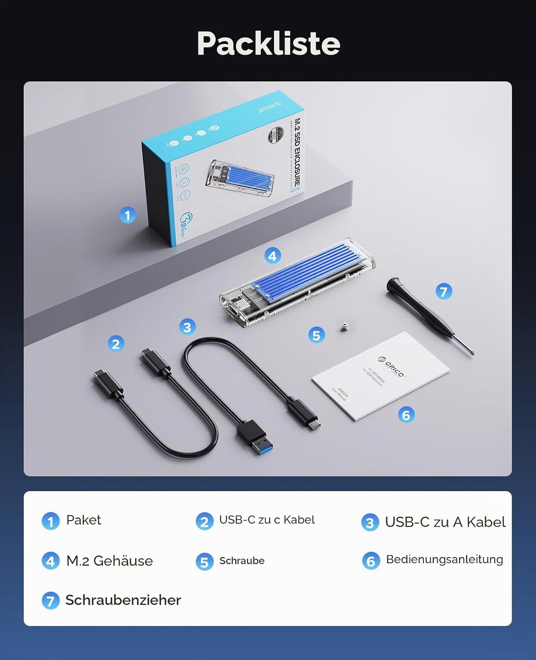 ORICO NVMe Gehäuse, USB 3.2 Gen2 (10Gbps) M.2 SSD Adapter, Transparent Externe M2 Gehäuse für PCIe M