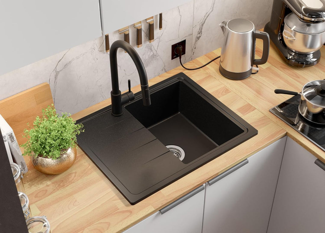 Granitspüle Schwarz 62x50 cm, Spülbecken + Ablauf-Set + Küchenarmatur 9050, Küchenspüle für 40er Unt