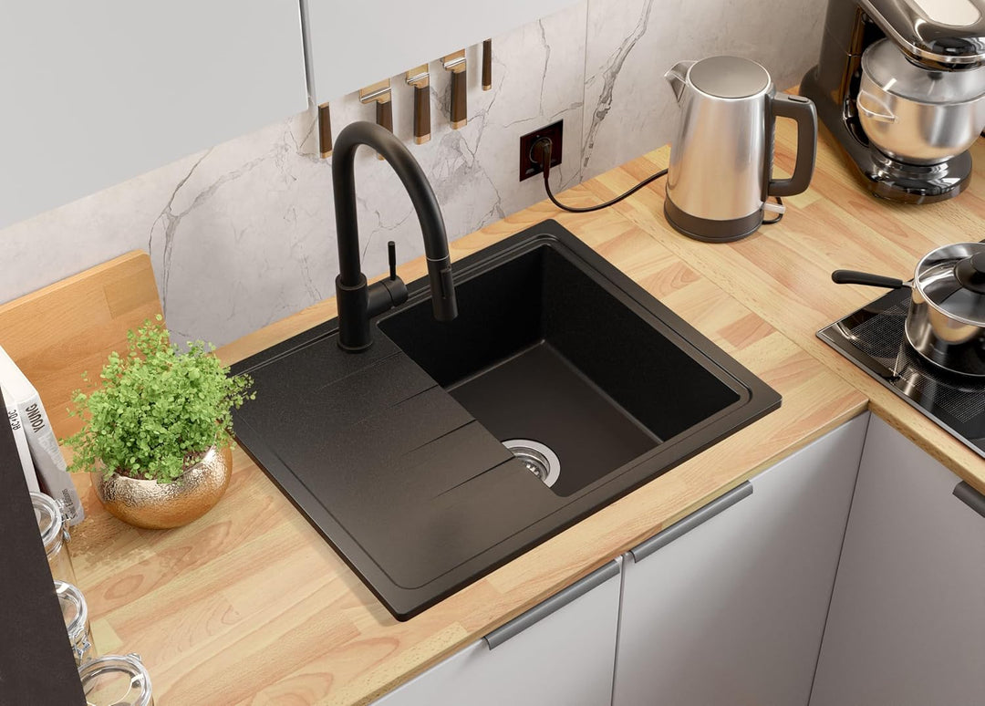 PRIMAGRAN Granitspüle Alles Schwarz 62x50cm, Spülbecken 1 Becken + Küchenarmatur 40x38cm + Ablauf-Se